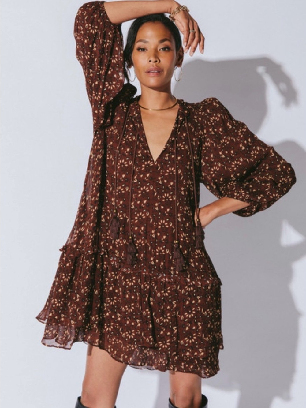 Cleobella Dark Brown Floral Tiered Mini Dress